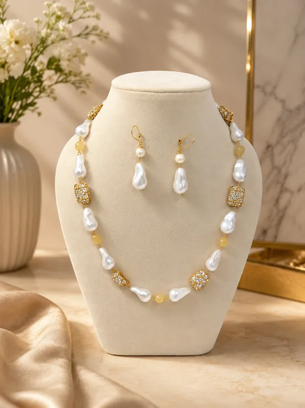 Gold_And_White_Natural_Quartz_Pearl_Brass_Beaded_Necklace_For_Women
