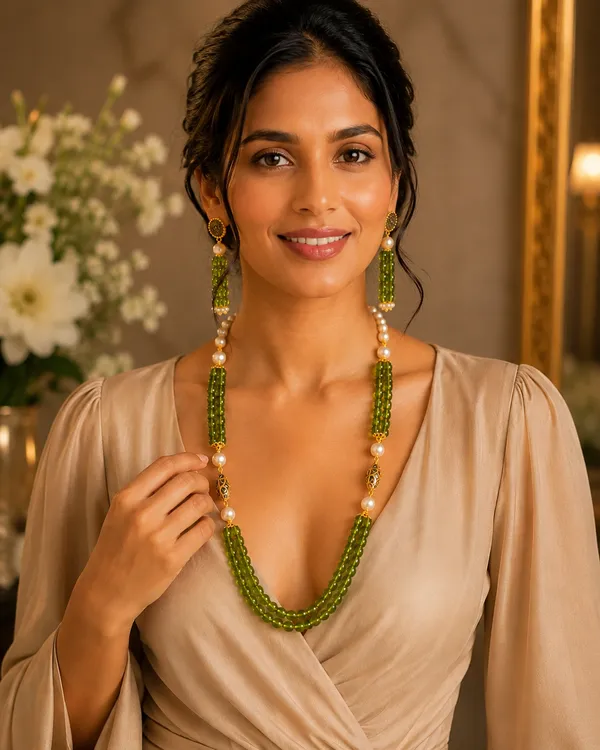 Peridot_Green_Hydro_Quartz_&_Pearls_Multilayered_Adjustable_Necklace_&_Earrings_Set