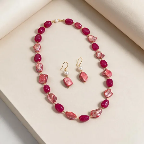 Pink_Quartz_&_Mother_of_Pearl_Beaded_Necklace_Earrings_Set_for_Women