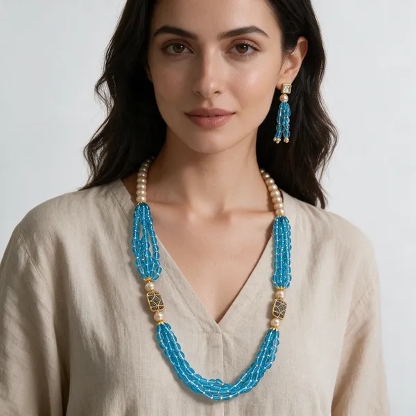 Gold_And_White_Hydro_Quartz_Pearl_Zirconia_Beaded_Necklace_For_Women
