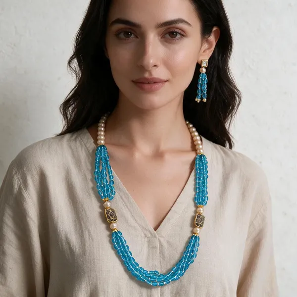 Gold_And_White_Hydro_Quartz_Pearl_Zirconia_Beaded_Necklace_For_Women