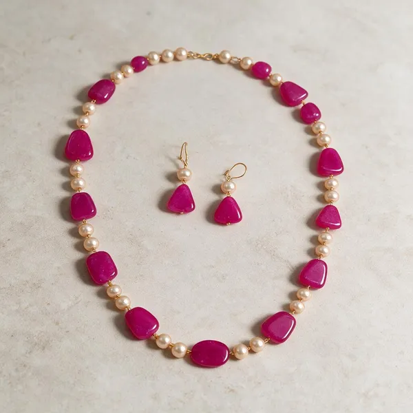 Pink_Onyx_Tumble_&_Pearl_Necklace_Earrings_Set_with_Adjustable_Brass_Chain_for_Women