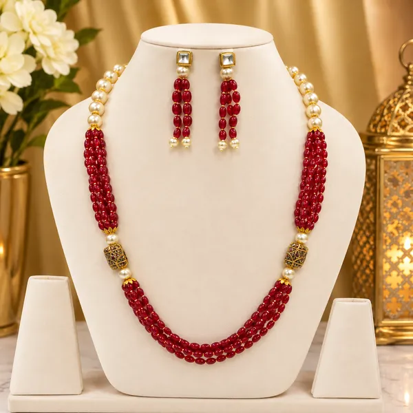 Ruby_Red_Hydro_Quartz_&_Pearl_Adjustable_Necklace_&_Earrings_Set_with_Brass_Beads