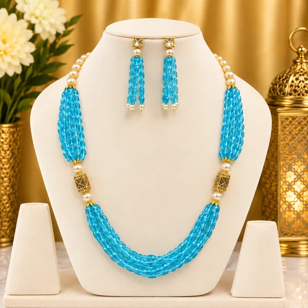 Sky_Blue_Hydro_Quartz_&_Pearls_Multilayered_Adjustable_Necklace_&_Earrings_Set_with_Brass_Beads