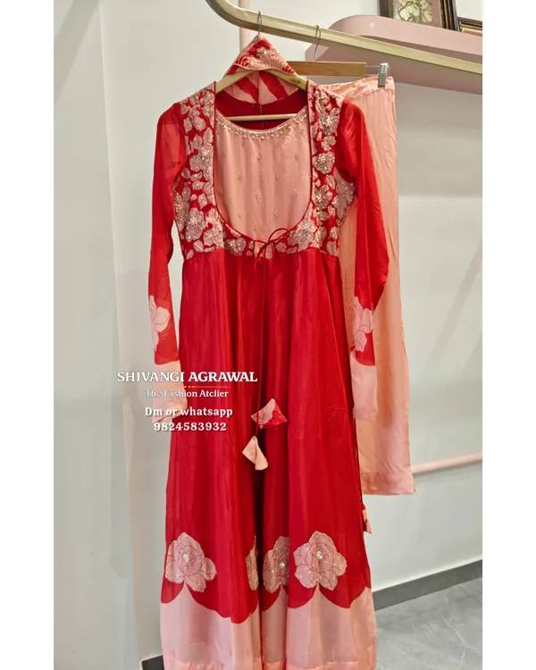 Red_Peach_Chinnon_Flared_Anarkali_Kurta_Set_For_Women