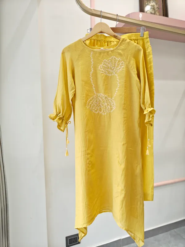 Yellow_Mul_Chanderi_A_line_Embellished_Kurta_Set_For_Women