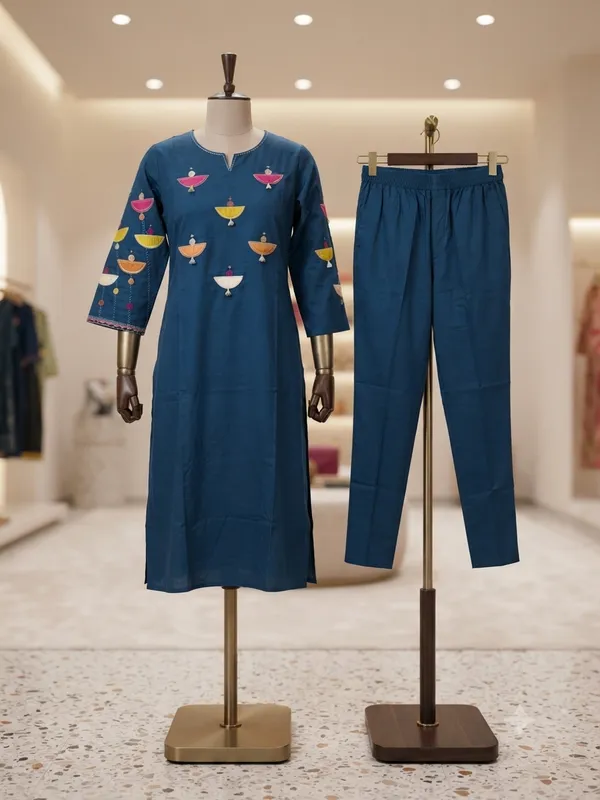 Blue_applique_work_kurti_pant_set