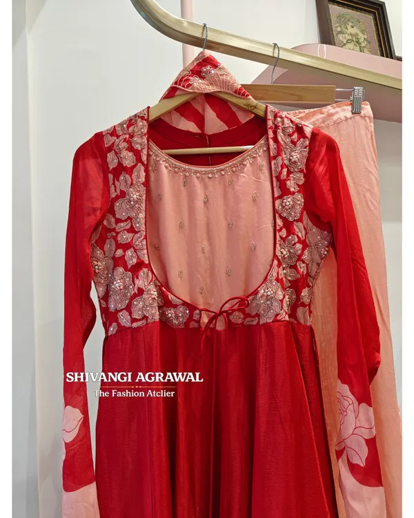Red_Peach_Chinnon_Flared_Anarkali_Kurta_Set_For_Women