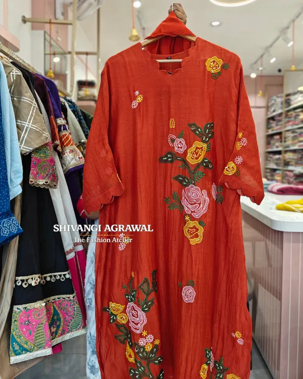 Rust_Orange_Floral_Embroidered_A-Line_Kurti_Dress