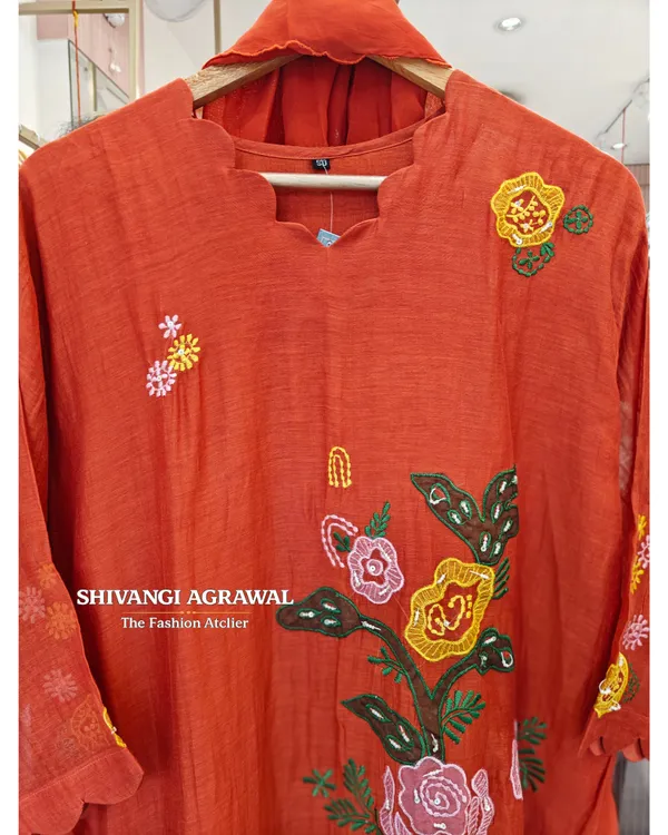 Rust_Orange_Floral_Embroidered_A-Line_Kurti_Dress