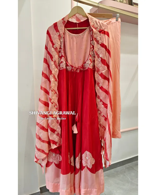 Red_Peach_Chinnon_Flared_Anarkali_Kurta_Set_For_Women