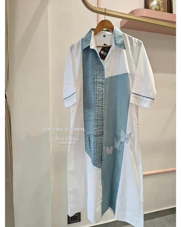 White_&_Powder_Blue_Color-Block__Dress_with_Pintuck_Panel