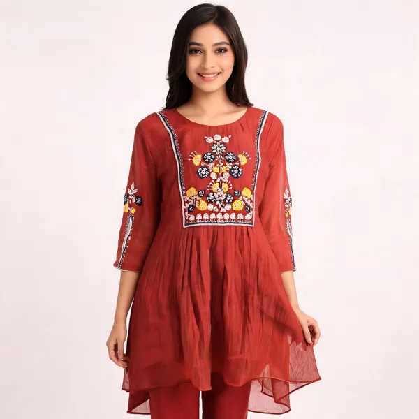 Red_Mul_Chanderi_Anarkali_Coord_Set_For_Women