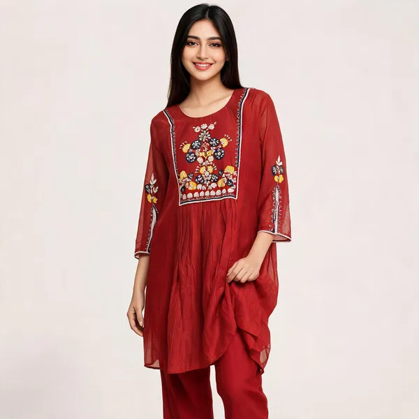 Red_Mul_Chanderi_Anarkali_Coord_Set_For_Women