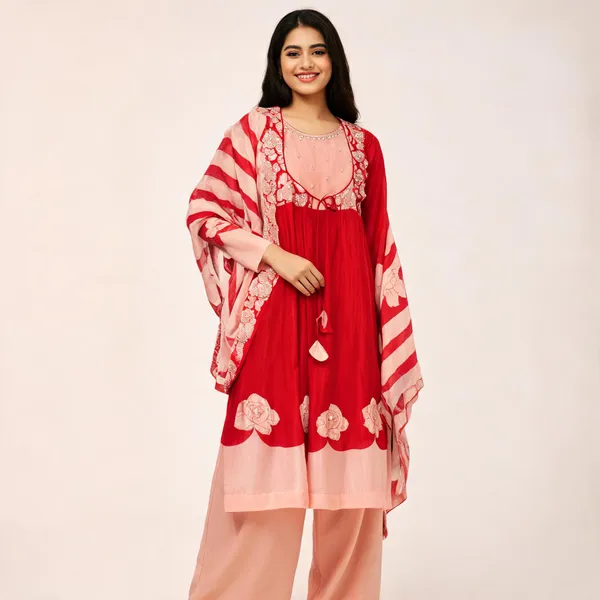 Red_Peach_Chinnon_Flared_Anarkali_Kurta_Set_For_Women