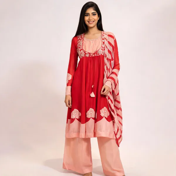 Red_Peach_Chinnon_Flared_Anarkali_Kurta_Set_For_Women
