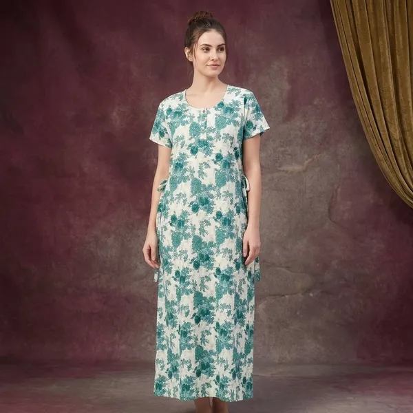 Cream_&_Green_Cotton_Night_Dress_For_Women
