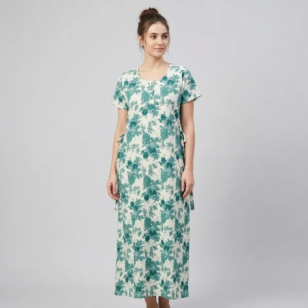 Cream_&_Green_Cotton_Night_Dress_For_Women