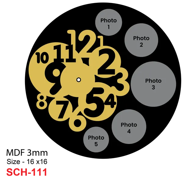 Mdf_Modern_Round_Five_Photo_Collage_Wall_Clock_Black