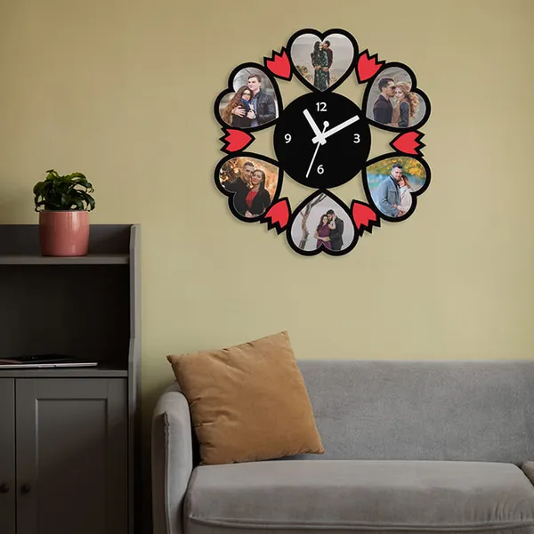 Mdf_Floral_Heart_Shape_Black_Red_Photo_Frame_Wall_Clock