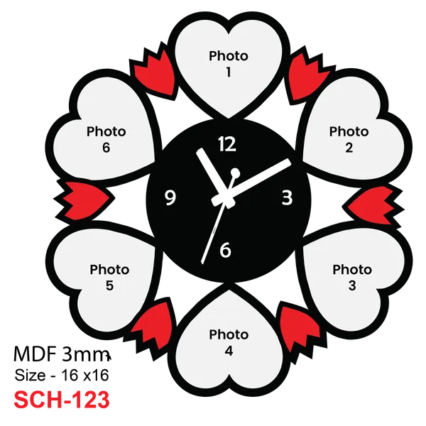 Mdf_Floral_Heart_Shape_Black_Red_Photo_Frame_Wall_Clock
