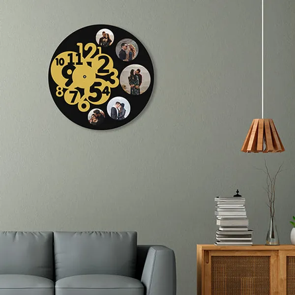 Mdf_Modern_Round_Five_Photo_Collage_Wall_Clock_Black