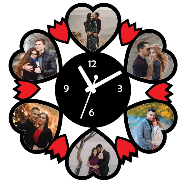 Mdf_Floral_Heart_Shape_Black_Red_Photo_Frame_Wall_Clock
