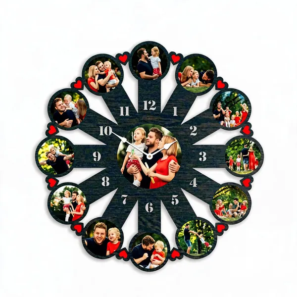 Mdf_Wenge_Dark_Flower_Shaped_Photo_Collage_Wall_Clock