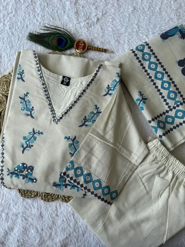 Cream_Pure_Khadi_Cotton_Hand_Block_Print_With_Real_Mirror_Work_Suit_Set