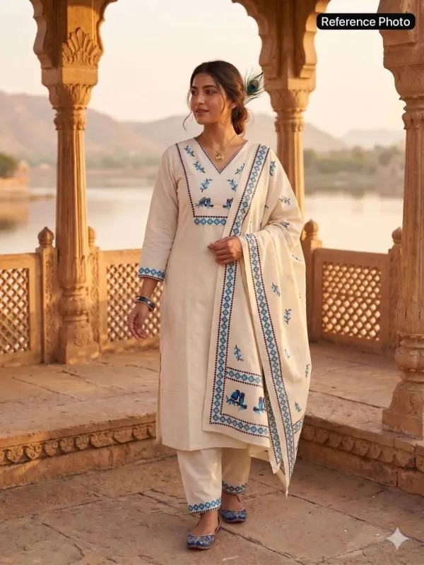 Cream_Pure_Khadi_Cotton_Hand_Block_Print_With_Real_Mirror_Work_Suit_Set