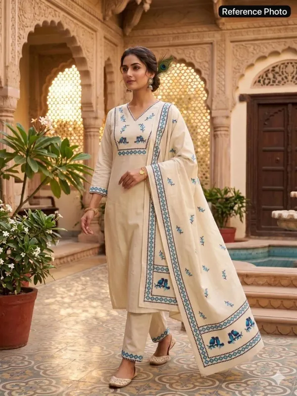 Cream_Pure_Khadi_Cotton_Hand_Block_Print_With_Real_Mirror_Work_Suit_Set