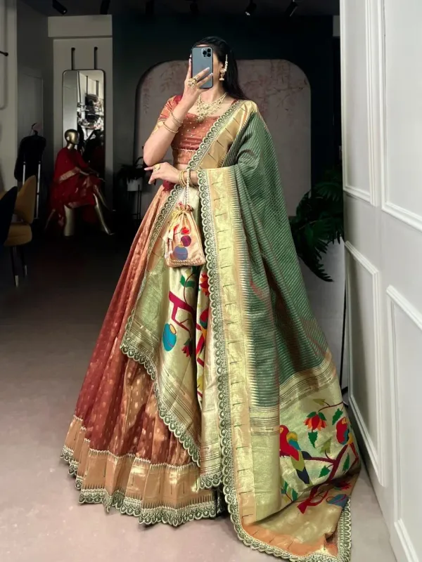 Women_S_Golden_Beige_Jacquard_Lehenga_Choli_With_Maroon_Banarasi_Dupatta_Wedding_Festive_Wear