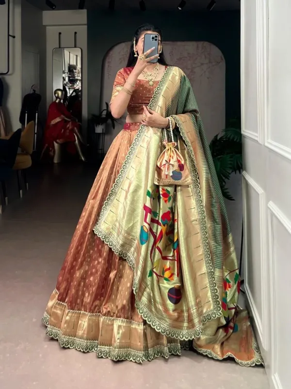 Women_S_Golden_Beige_Jacquard_Lehenga_Choli_With_Maroon_Banarasi_Dupatta_Wedding_Festive_Wear