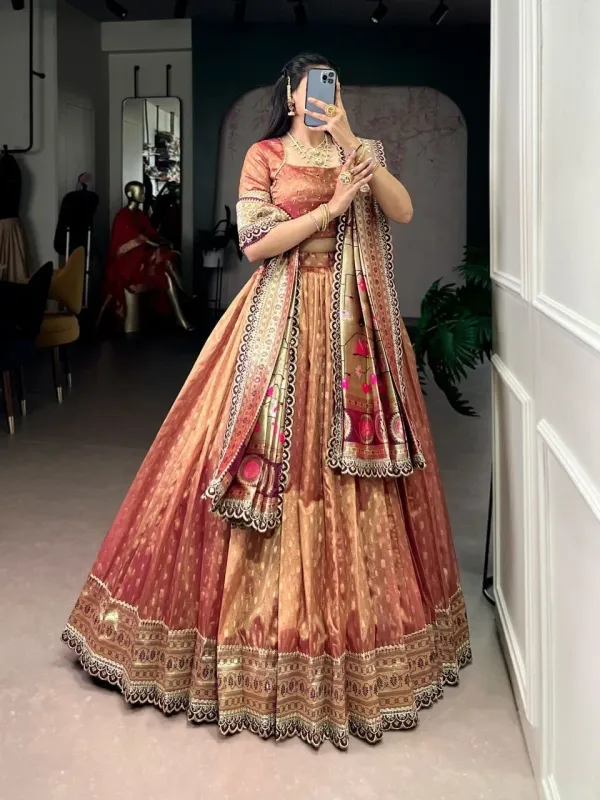 Women_S_Golden_Beige_Jacquard_Lehenga_Choli_With_Maroon_Banarasi_Dupatta_Wedding_Festive_Wear