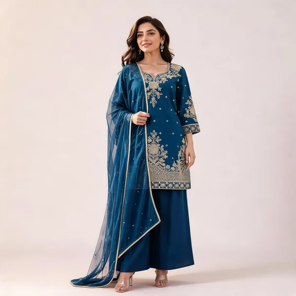 Teal_Blue_Rayon_Embroidered_Kurta_Palazzo_Set_For_Women