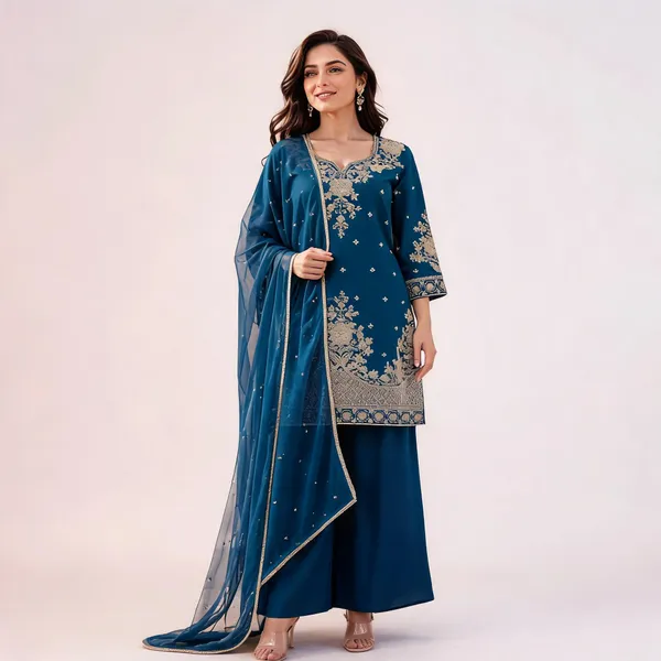 Teal_Blue_Rayon_Embroidered_Kurta_Palazzo_Set_For_Women