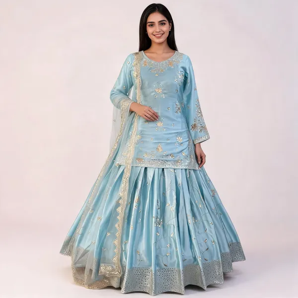 Sky_Blue_Japan_Satin_Sequin_Embroidered_Kurti_Skirt_Set_For_Women