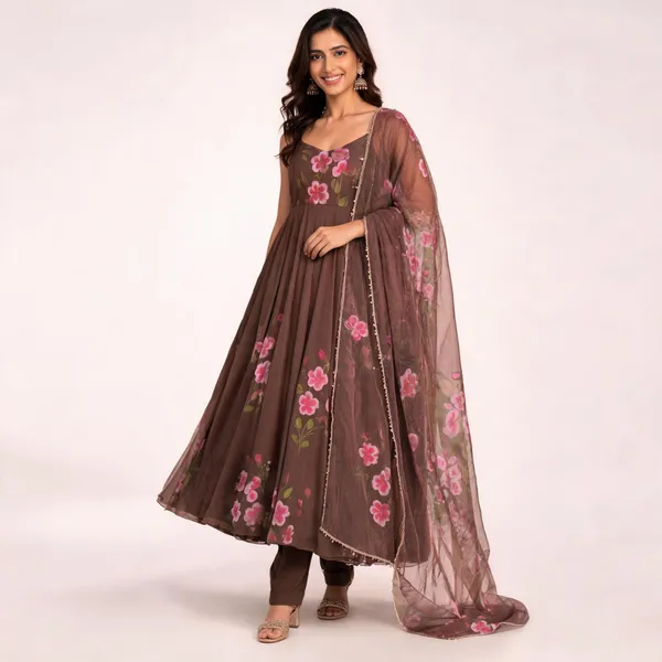 Coffee_Georgette_Floral_Printed_Anarkali_Kurta_Set_For_Women