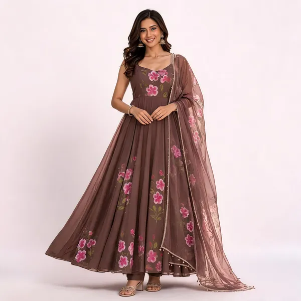 Coffee_Georgette_Floral_Printed_Anarkali_Kurta_Set_For_Women