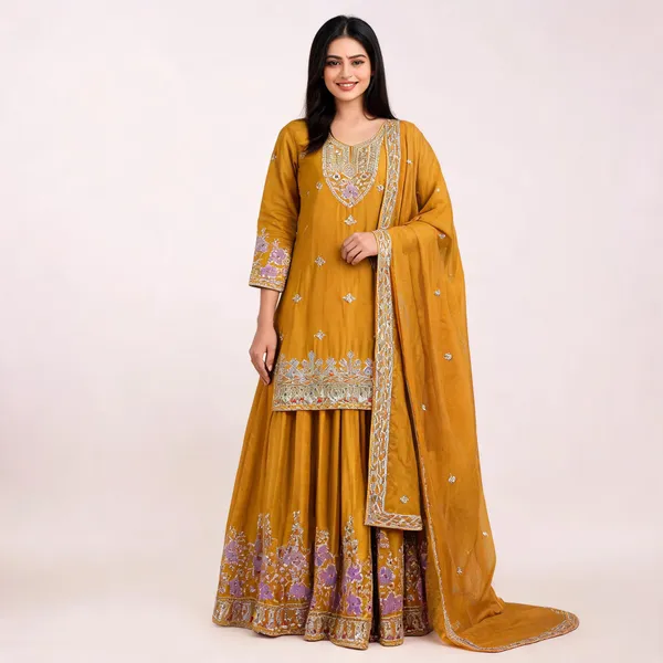 Mustard_Yellow_Georgette_Embroidered_Kurti_Sharara_Set_For_Women