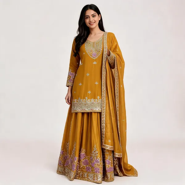 Mustard_Yellow_Georgette_Embroidered_Kurti_Sharara_Set_For_Women
