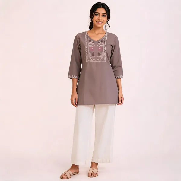 Dusty_Brown_Cotton_Embroidered_Kurti_Palazzo_Set_For_Women