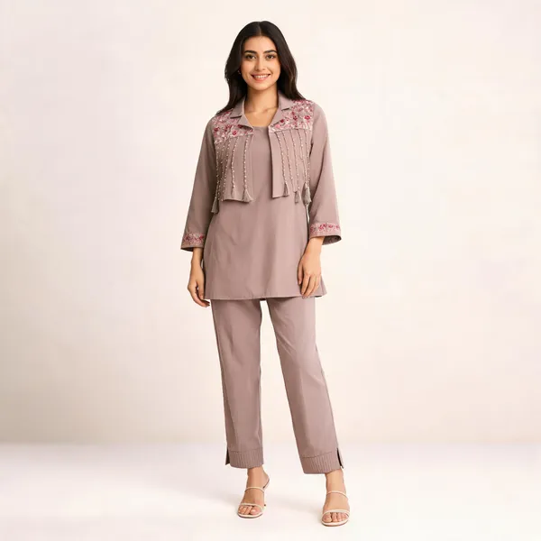 Coffee_Cotton_Sequin_Work_Co-Ord_Kurti_Jacket_Pant_Set_For_Women