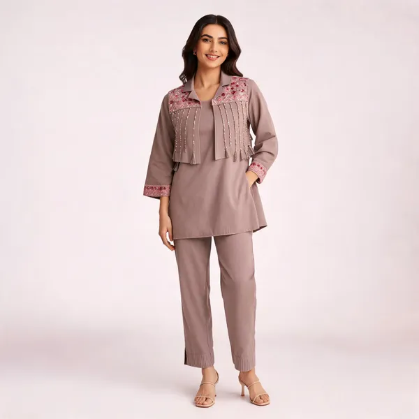 Coffee_Cotton_Sequin_Work_Co-Ord_Kurti_Jacket_Pant_Set_For_Women