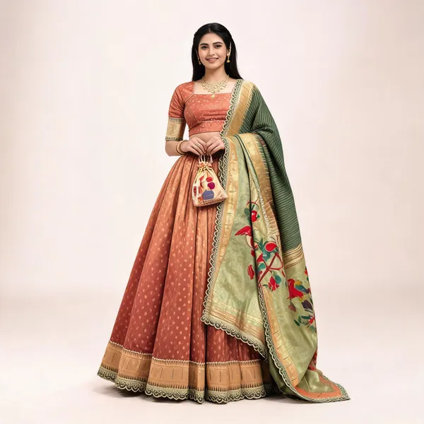 Peach_And_Green_Jacquard_Zari_Weaving_Lehenga_Choli_Set_For_Women