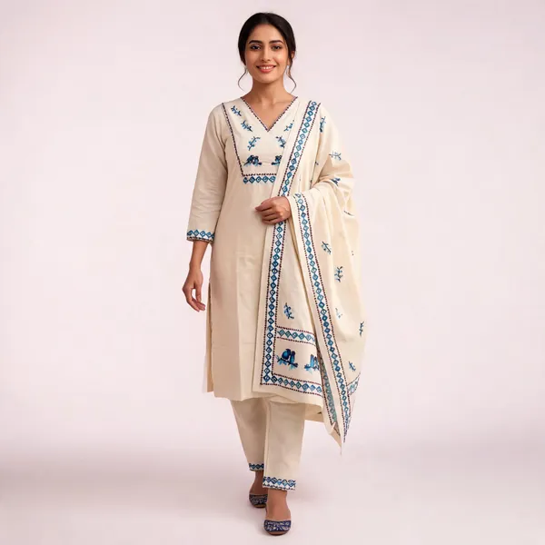 Cream_Khadi_Cotton_Hand_Block_Print_Mirror_Work_Suit_Set_For_Women