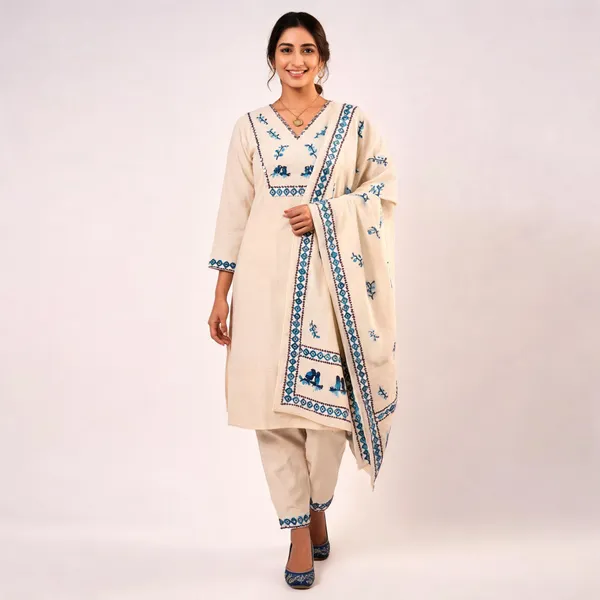 Cream_Khadi_Cotton_Hand_Block_Print_Mirror_Work_Suit_Set_For_Women