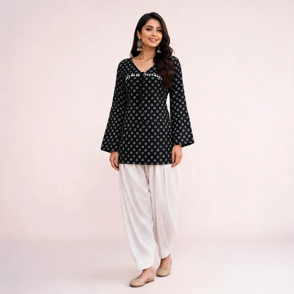 Black_Pure_Cotton_Bandhej_Printed_Short_Kurti_Farsi_Pant_Set_For_Women