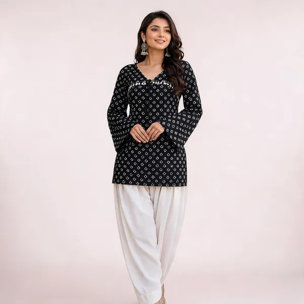 Black_Pure_Cotton_Bandhej_Printed_Short_Kurti_Farsi_Pant_Set_For_Women
