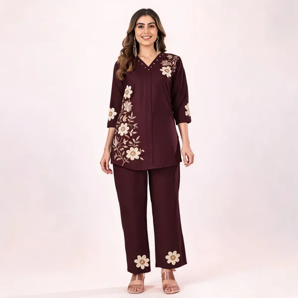Maroon_Heavy_Rayon_Embroidered_Straight_Co-Ord_Set_For_Women